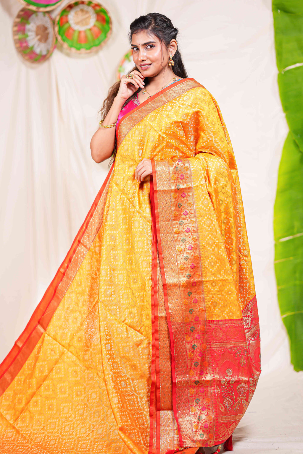 Yellow geometric design kota cotton saree with contrast border and printed pallu