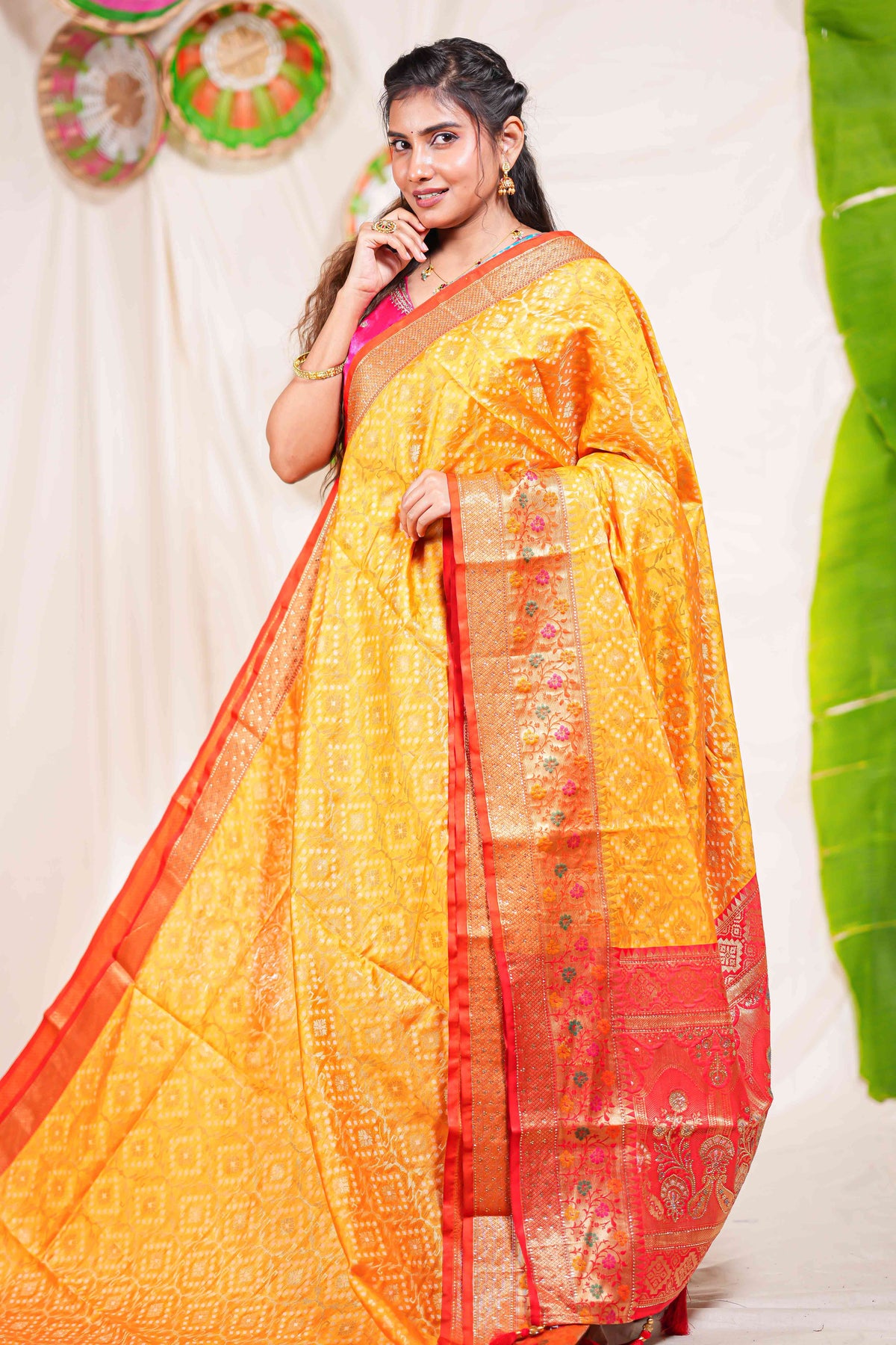 Yellow geometric design kota cotton saree with contrast border and printed pallu