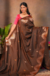 Brown Semi soft Silk Saree Gold Zari Woven Paisley Motifs with Woven Zari Border and Contrast Blouse