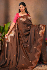 Brown Semi soft Silk Saree Gold Zari Woven Paisley Motifs with Woven Zari Border and Contrast Blouse