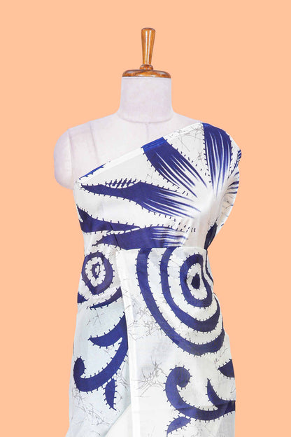 White and turquoise blue floral print litchi art silk saree with scallop print pallu