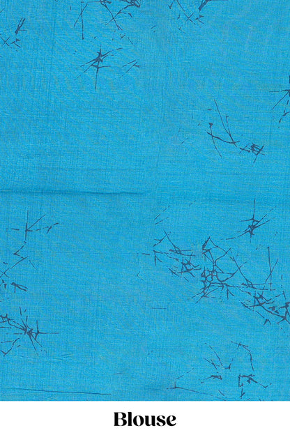 White and turquoise blue floral print litchi art silk saree with scallop print pallu