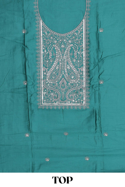 Peacock blue embroidered cotton silk chudidhar material with sequin work
