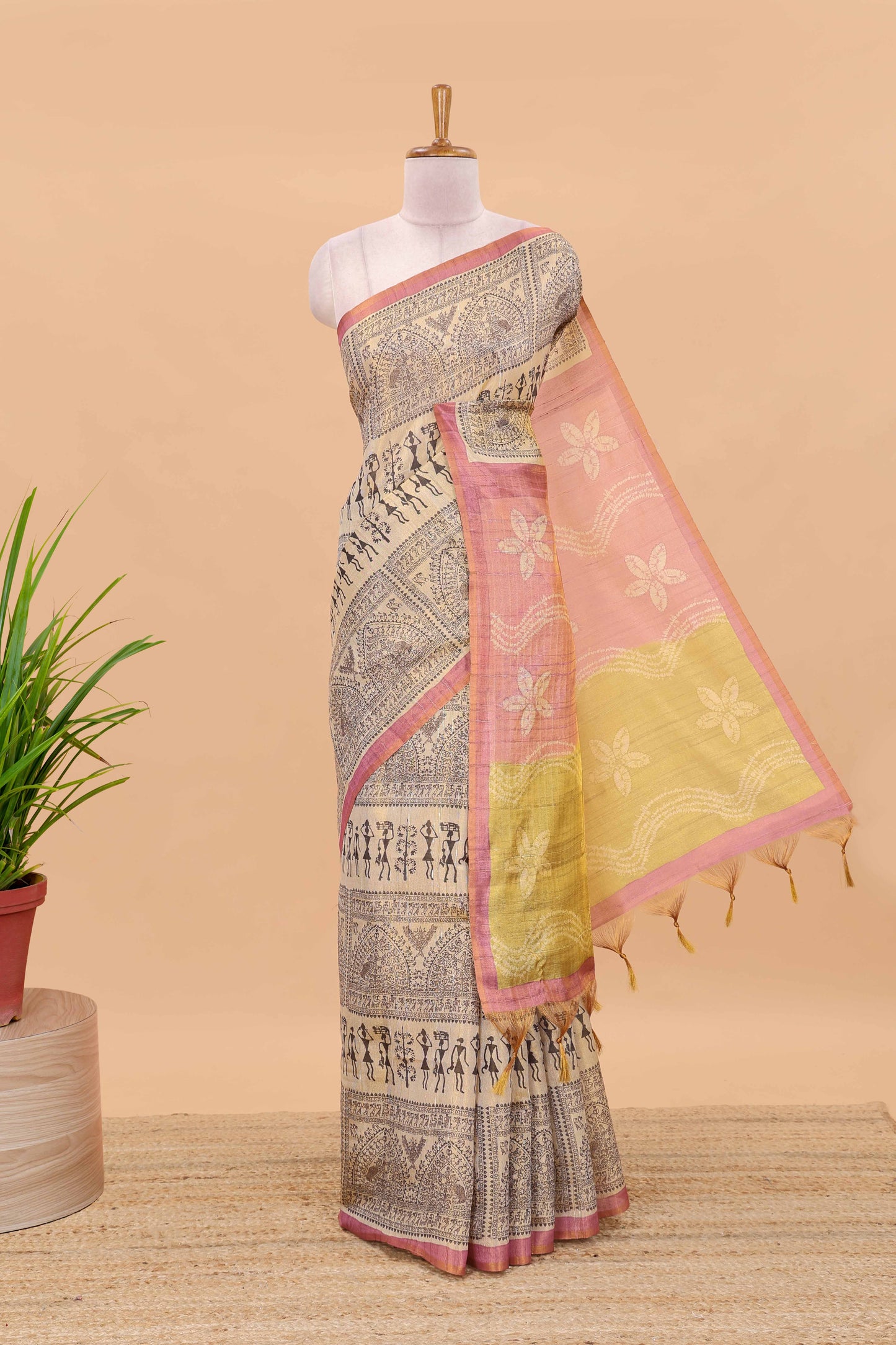 Sandal semi tussar digital batik print saree with contrast blouse and pallu