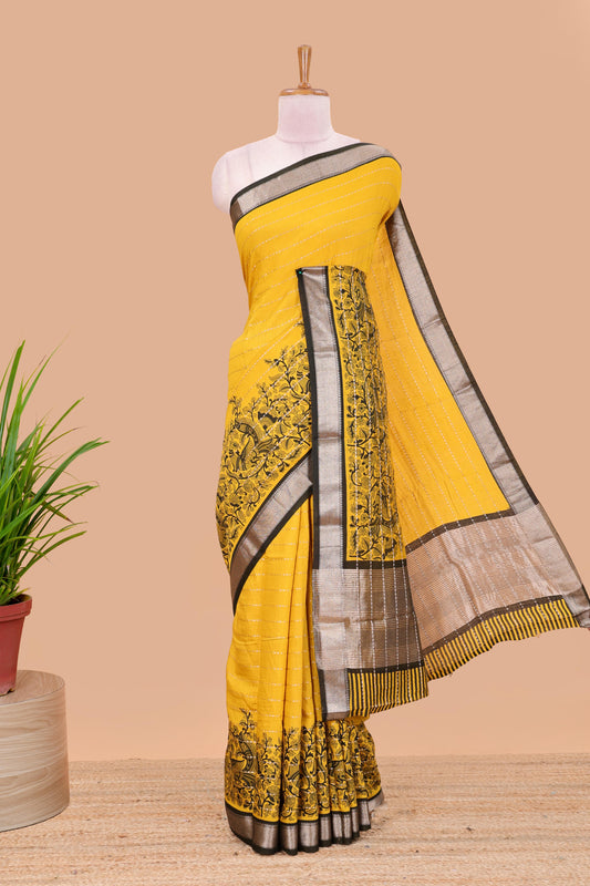 Mustard assam silk saree with floral printed stripes and contrast border
