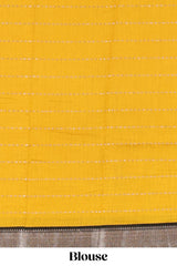 Mustard assam silk saree with floral printed stripes and contrast border