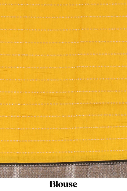 Mustard assam silk saree with floral printed stripes and contrast border