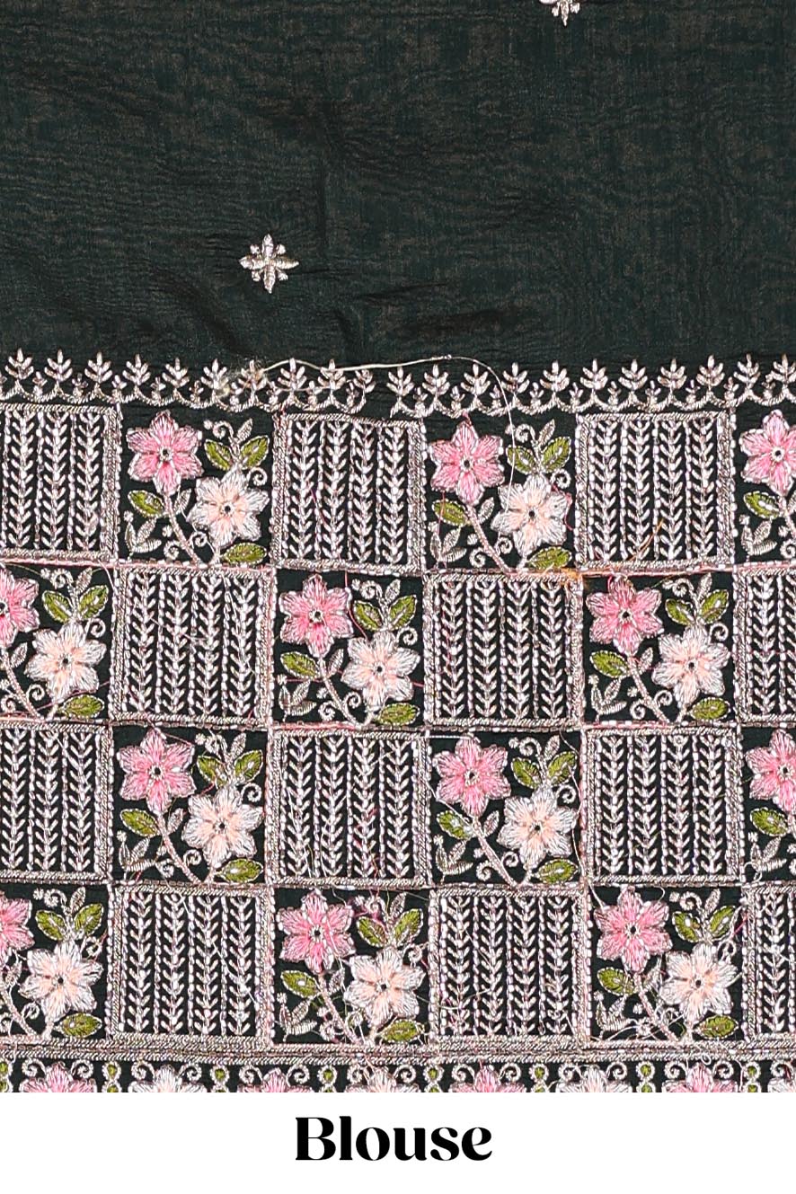 Blue designer georgette space silk saree with heavy stone and beads work, short pallu and contrast sequin embroidered blouse