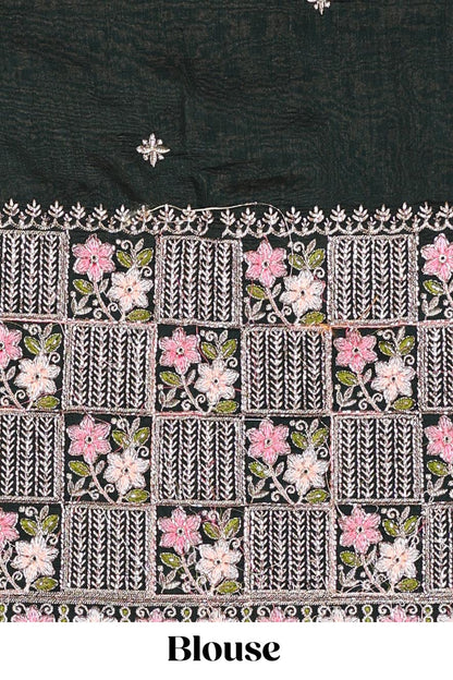 Blue designer georgette space silk saree with heavy stone and beads work, short pallu and contrast sequin embroidered blouse