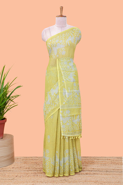 Green linen cotton saree with floral buttas and butterfly motifs border, Printed self pallu and blouse