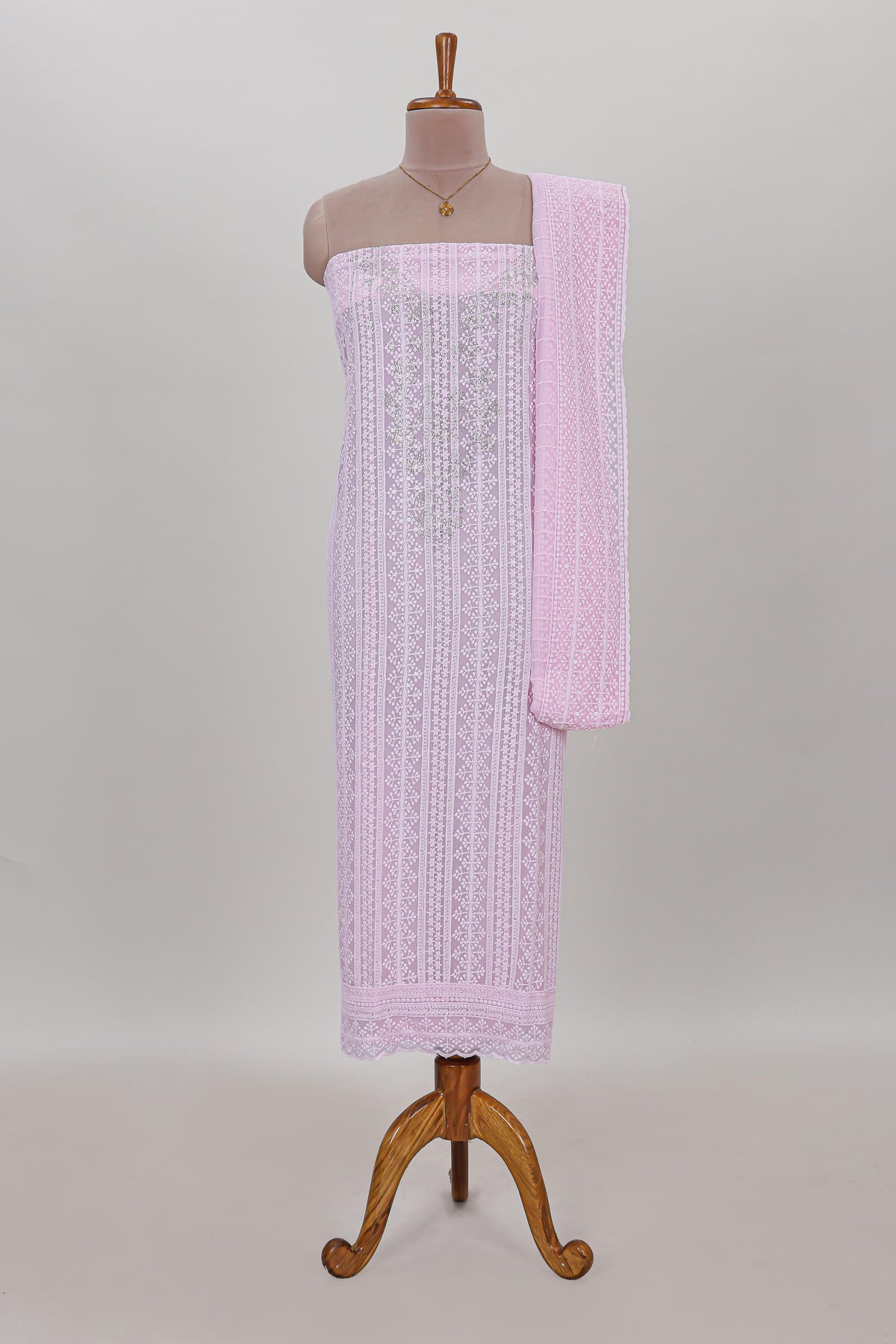 Pink embroidery chudidhar material with matching solid pant and embroidery dupatta