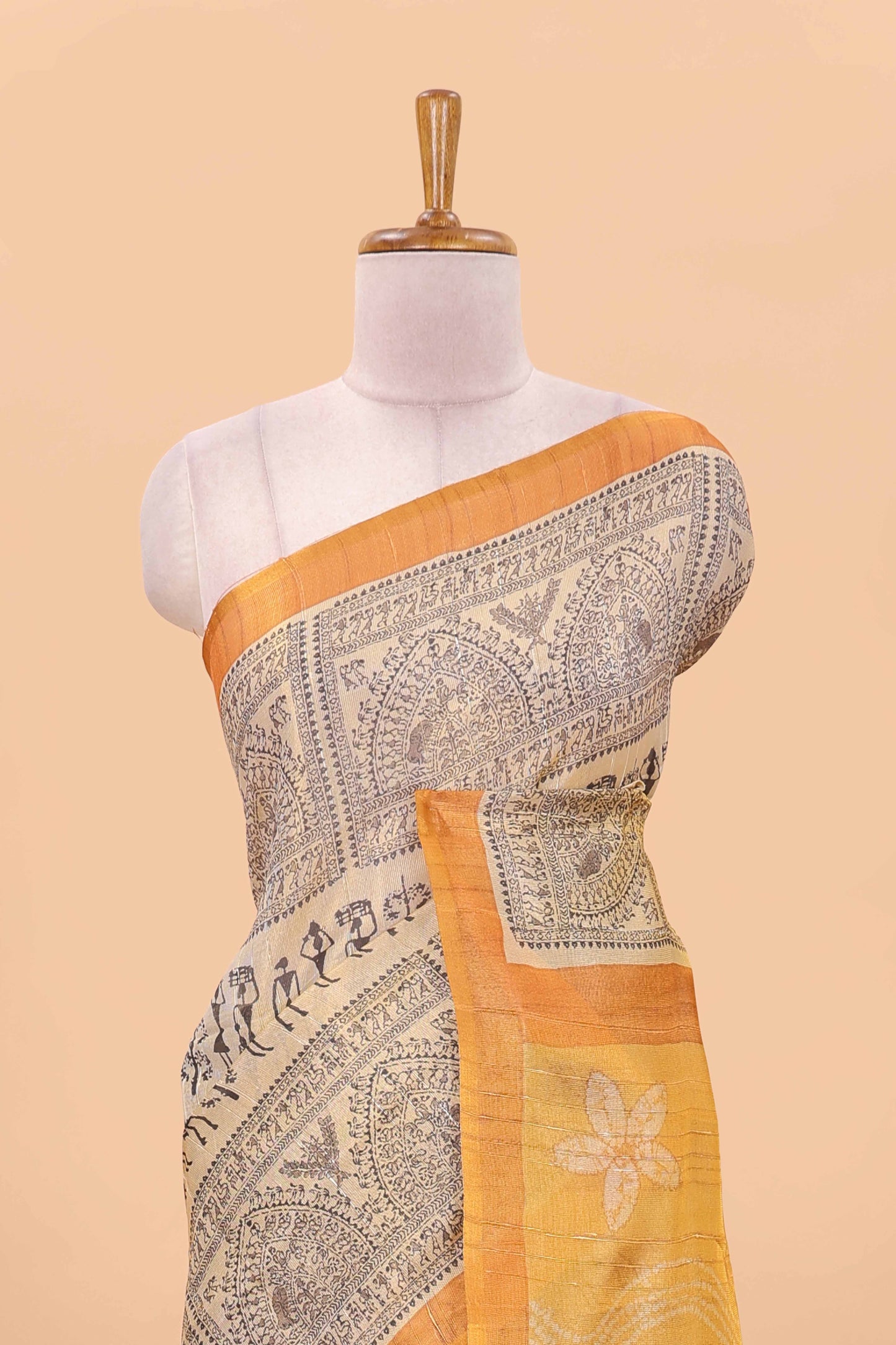 Sandal semi tussar digital batik print saree with contrast blouse and pallu