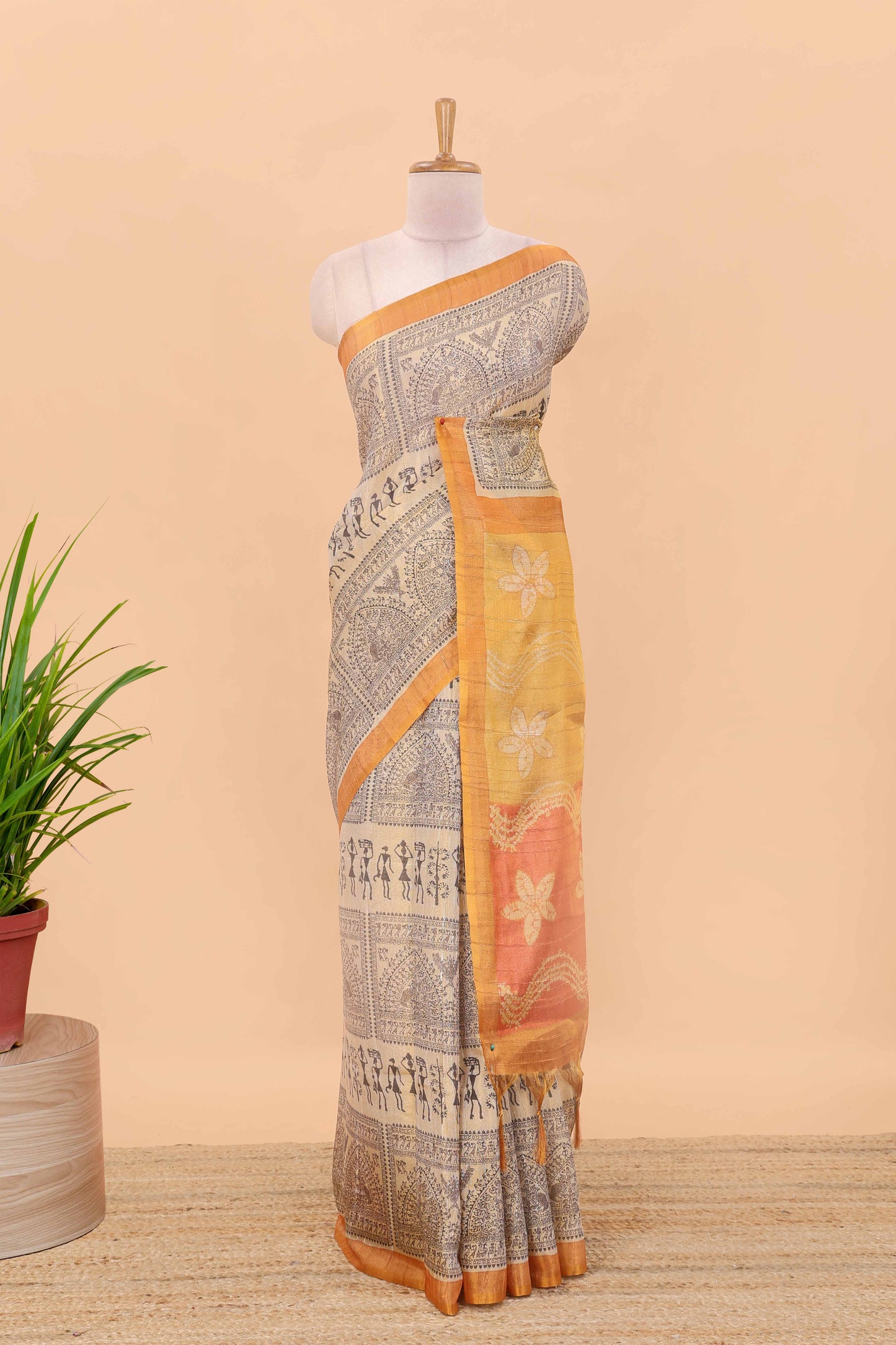 Sandal semi tussar digital batik print saree with contrast blouse and pallu