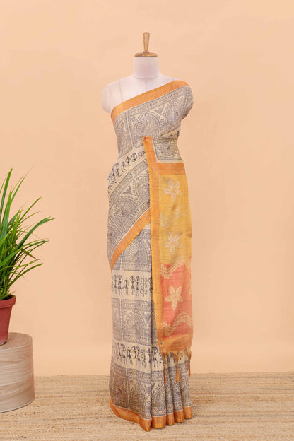 Sandal semi tussar digital batik print saree with contrast blouse and pallu