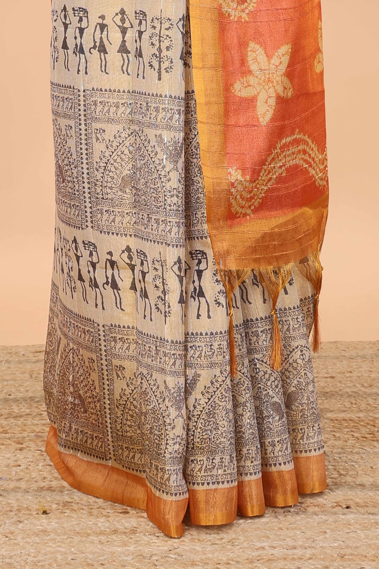 Sandal semi tussar digital batik print saree with contrast blouse and pallu