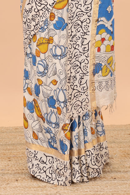 Sandal kalamkari printed cotton saree with traditional floral motifs and contrast pallu