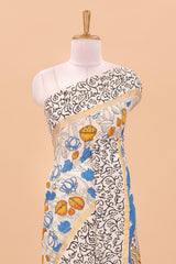 Sandal kalamkari printed cotton saree with traditional floral motifs and contrast pallu
