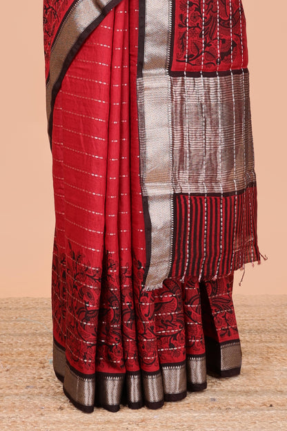 Red assam silk saree with floral printed stripes and contrast border