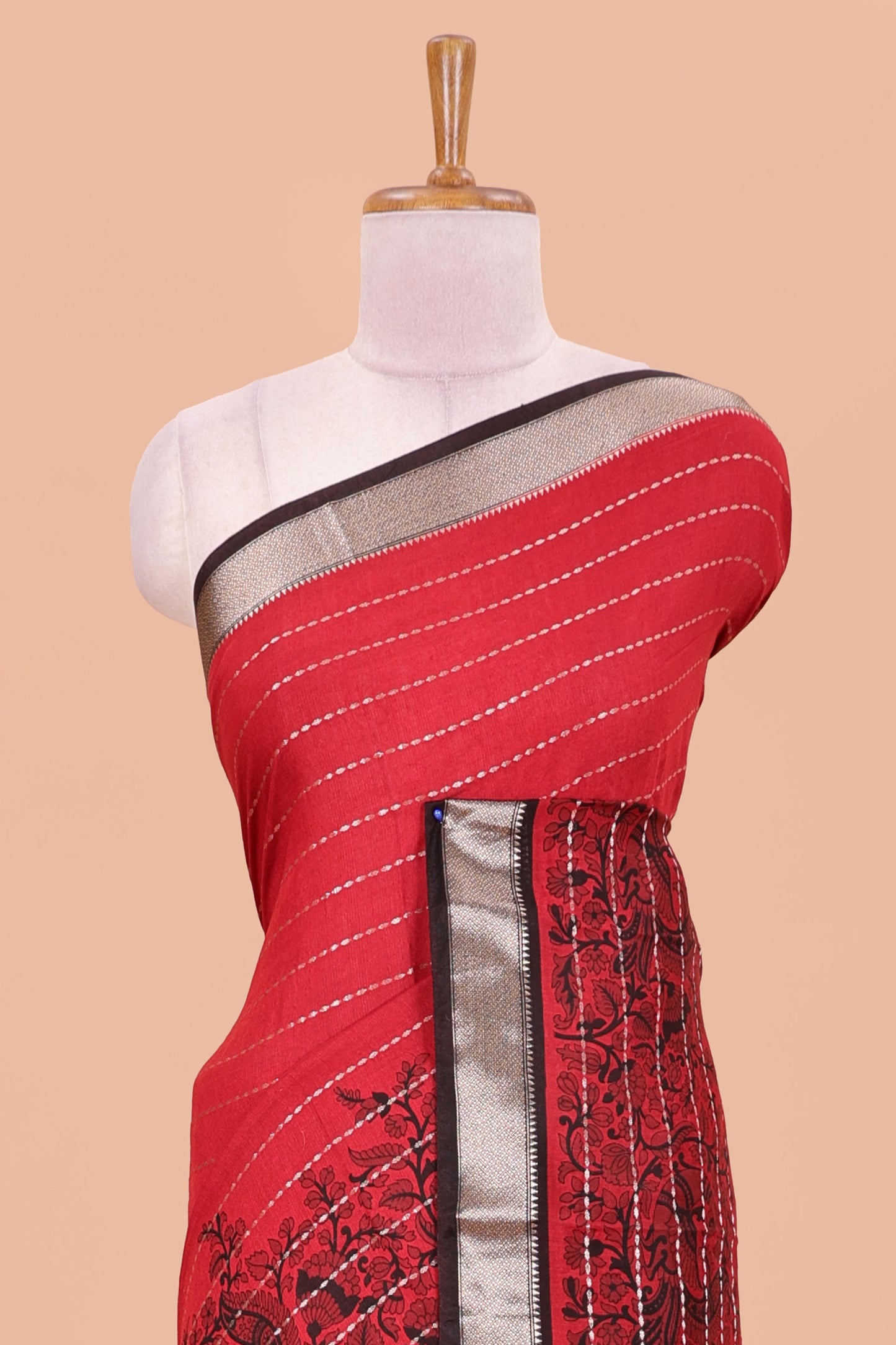 Red assam silk saree with floral printed stripes and contrast border