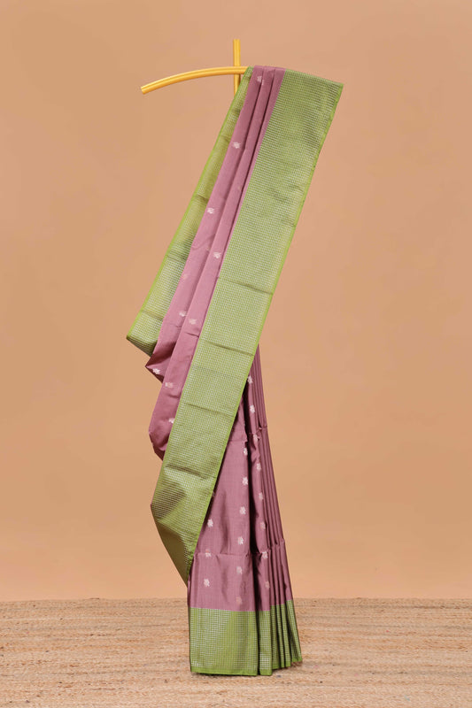 Plum purple vairaoosi zari butta semi soft silk saree, contrast checked border and Pallu