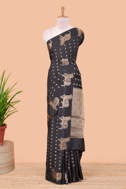 Black viscose dola silk saree with zari butta weave, pichwai motif border and contrast blouse