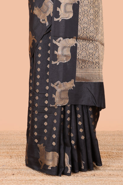 Black viscose dola silk saree with zari butta weave, pichwai motif border and contrast blouse