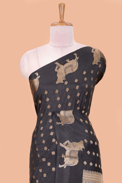 Black viscose dola silk saree with zari butta weave, pichwai motif border and contrast blouse