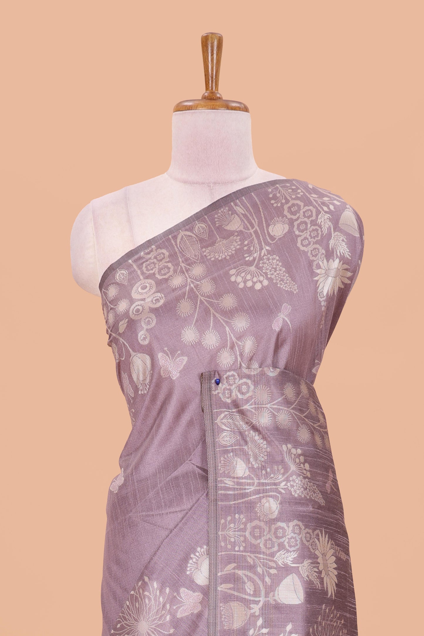 Purple munga cotton saree with all-over floral thread weaving & motif border