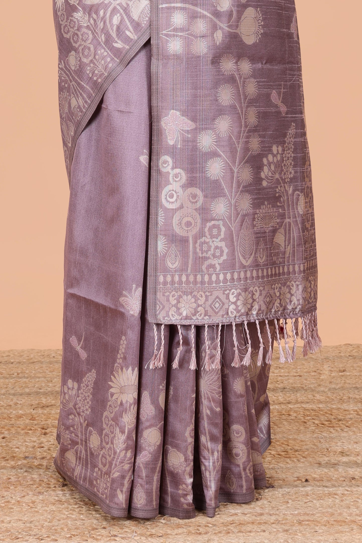Purple munga cotton saree with all-over floral thread weaving & motif border