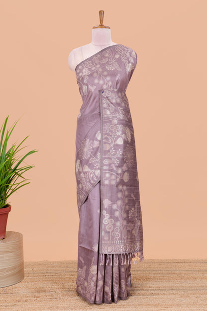 Purple munga cotton saree with all-over floral thread weaving & motif border