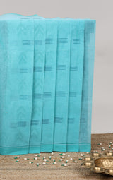 Blue geometric pattern bengal cotton saree with self border and matching pallu