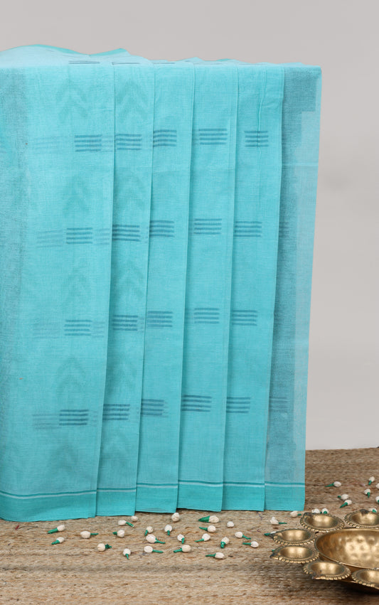 Blue geometric pattern bengal cotton saree with self border and matching pallu