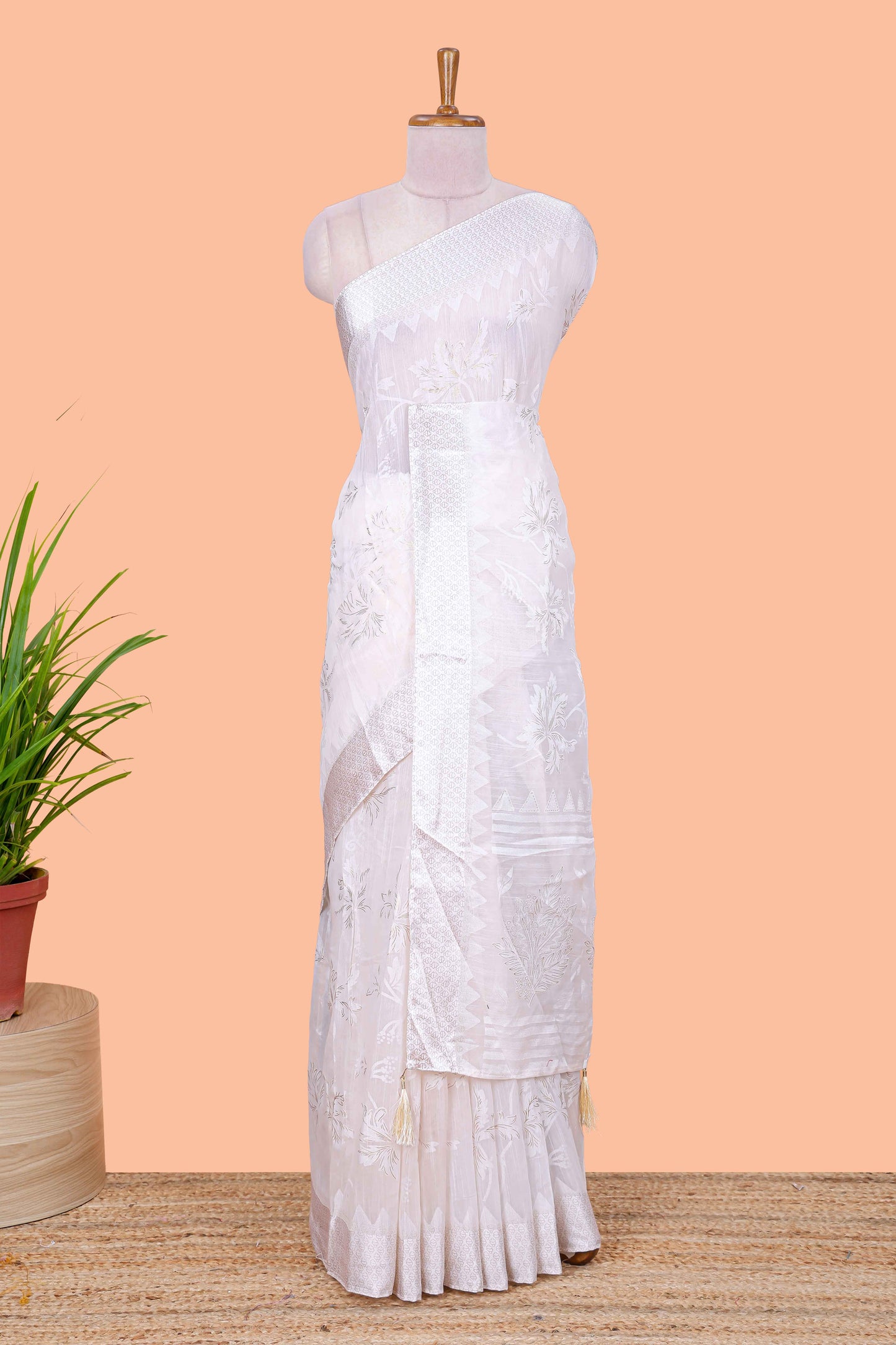 White linen cotton saree with floral foil print, self border and matching blouse