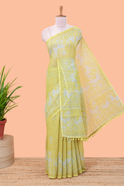 Green linen cotton saree with floral buttas and butterfly motifs border, Printed self pallu and blouse