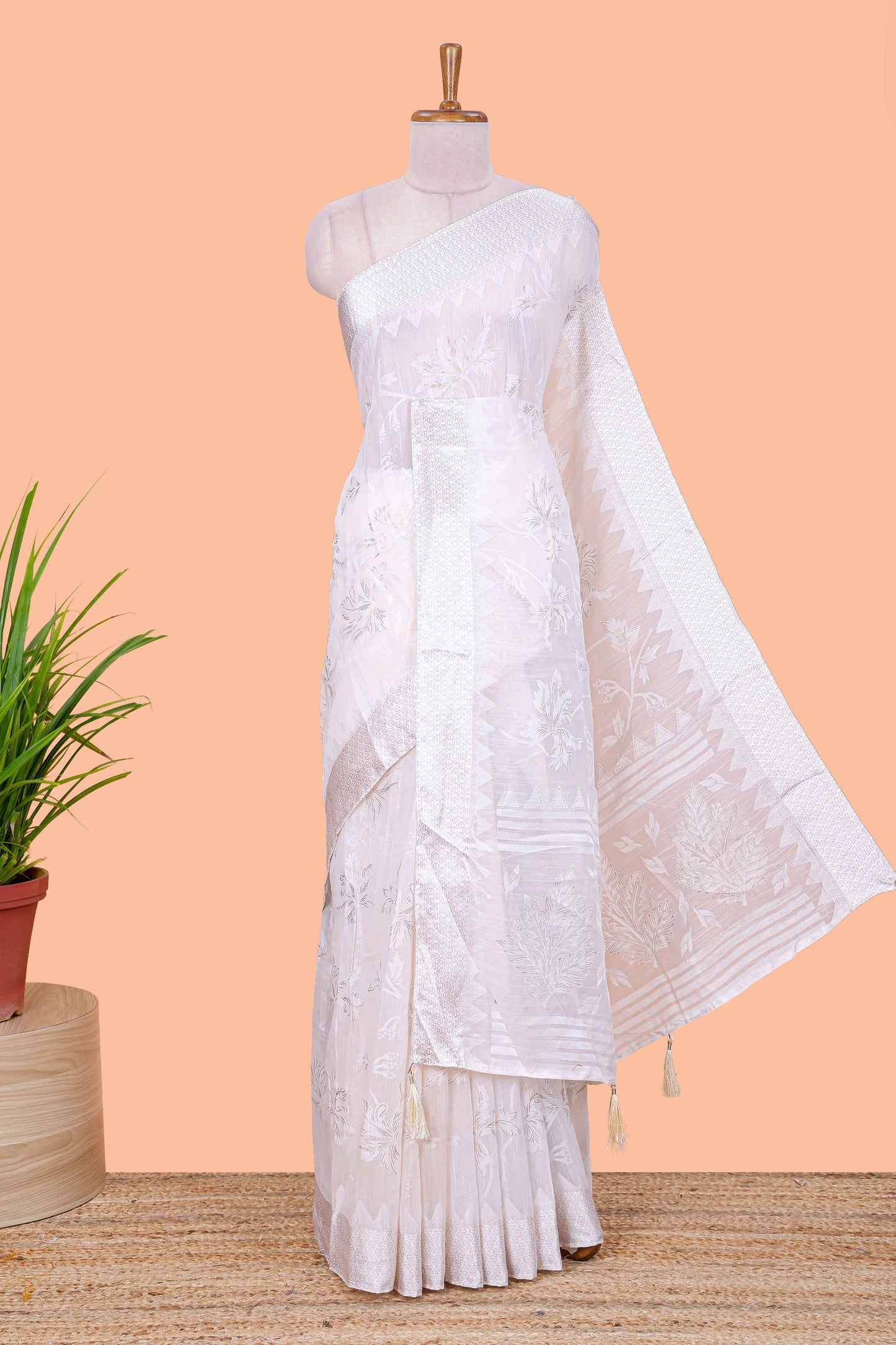 White linen cotton saree with floral foil print, self border and matching blouse