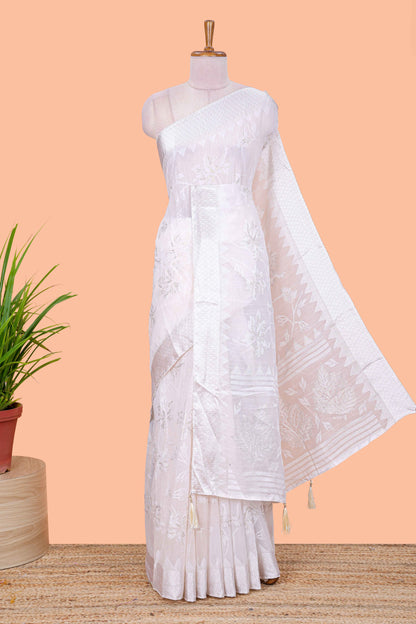 White linen cotton saree with floral foil print, self border and matching blouse
