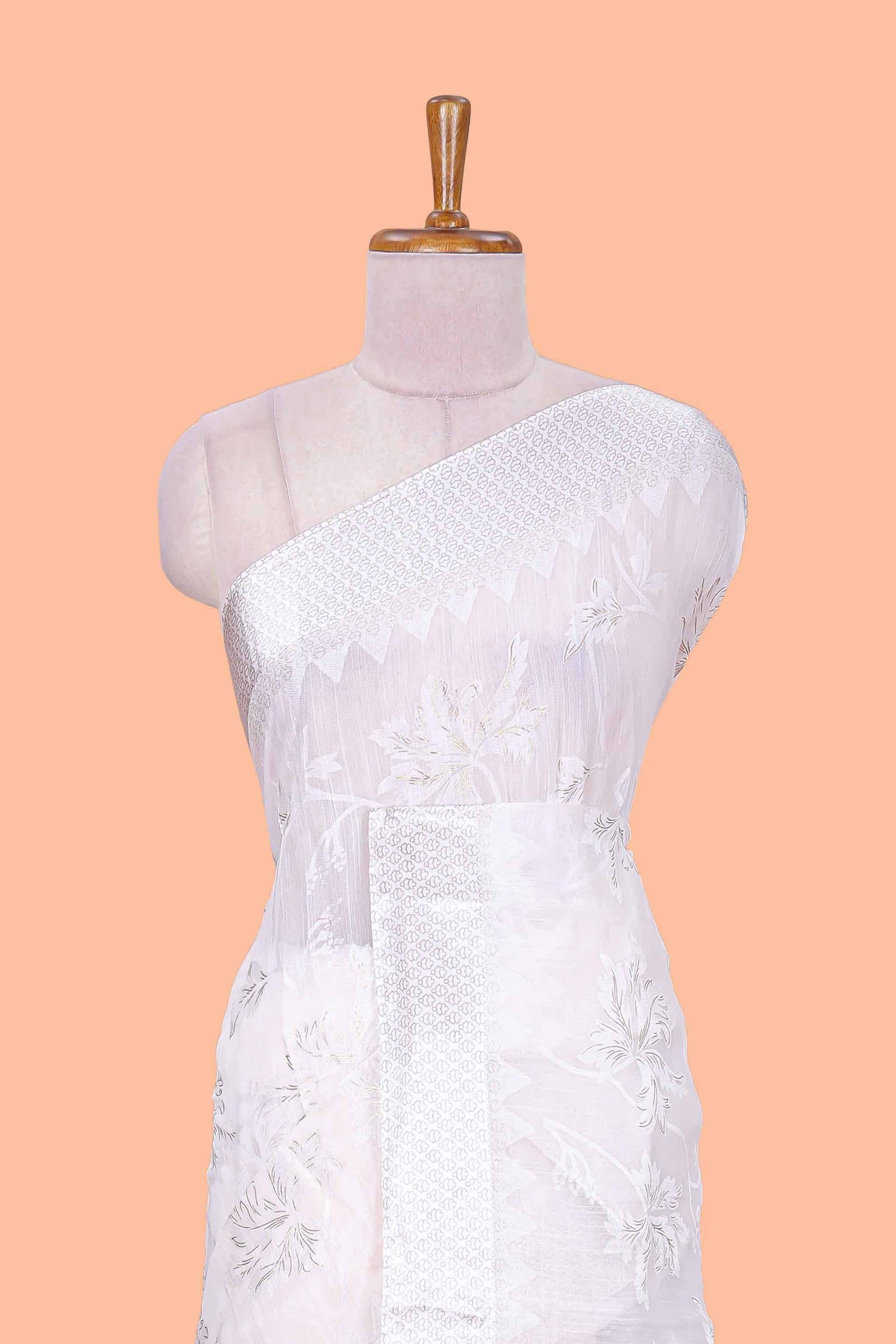 White linen cotton saree with floral foil print, self border and matching blouse