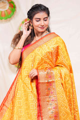 Yellow geometric design kota cotton saree with contrast border and printed pallu