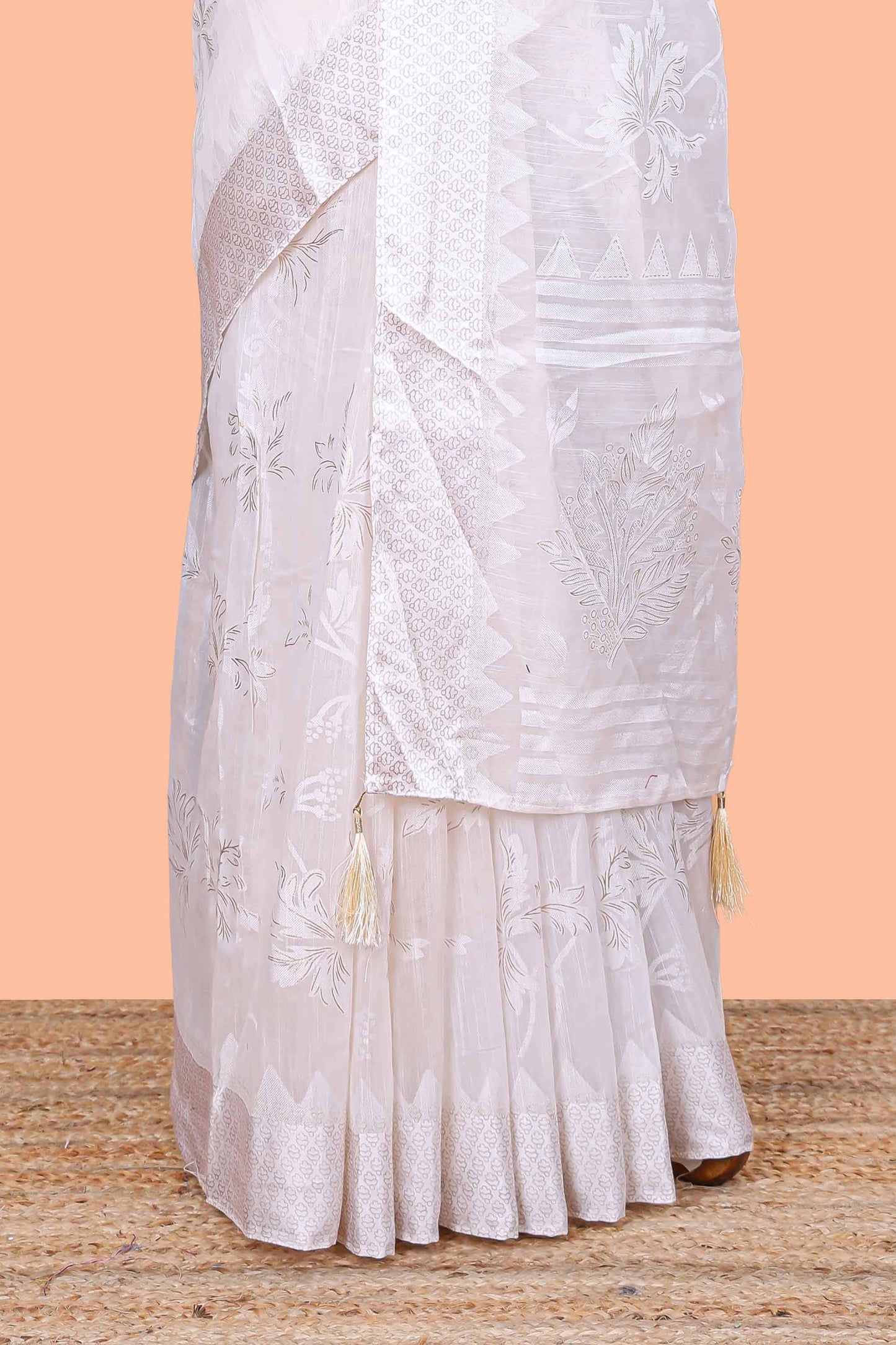 White linen cotton saree with floral foil print, self border and matching blouse