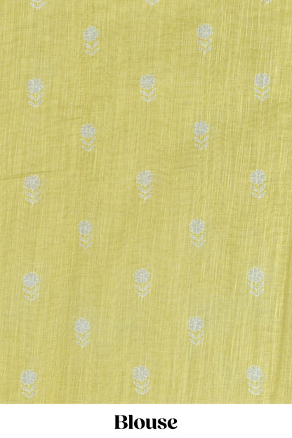 Green linen cotton saree with floral buttas and butterfly motifs border, Printed self pallu and blouse