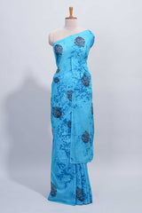 Borderless blue floral motifs design mul mul cotton saree with self pallu