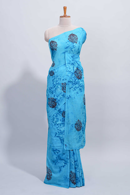 Borderless blue floral motifs design mul mul cotton saree with self pallu