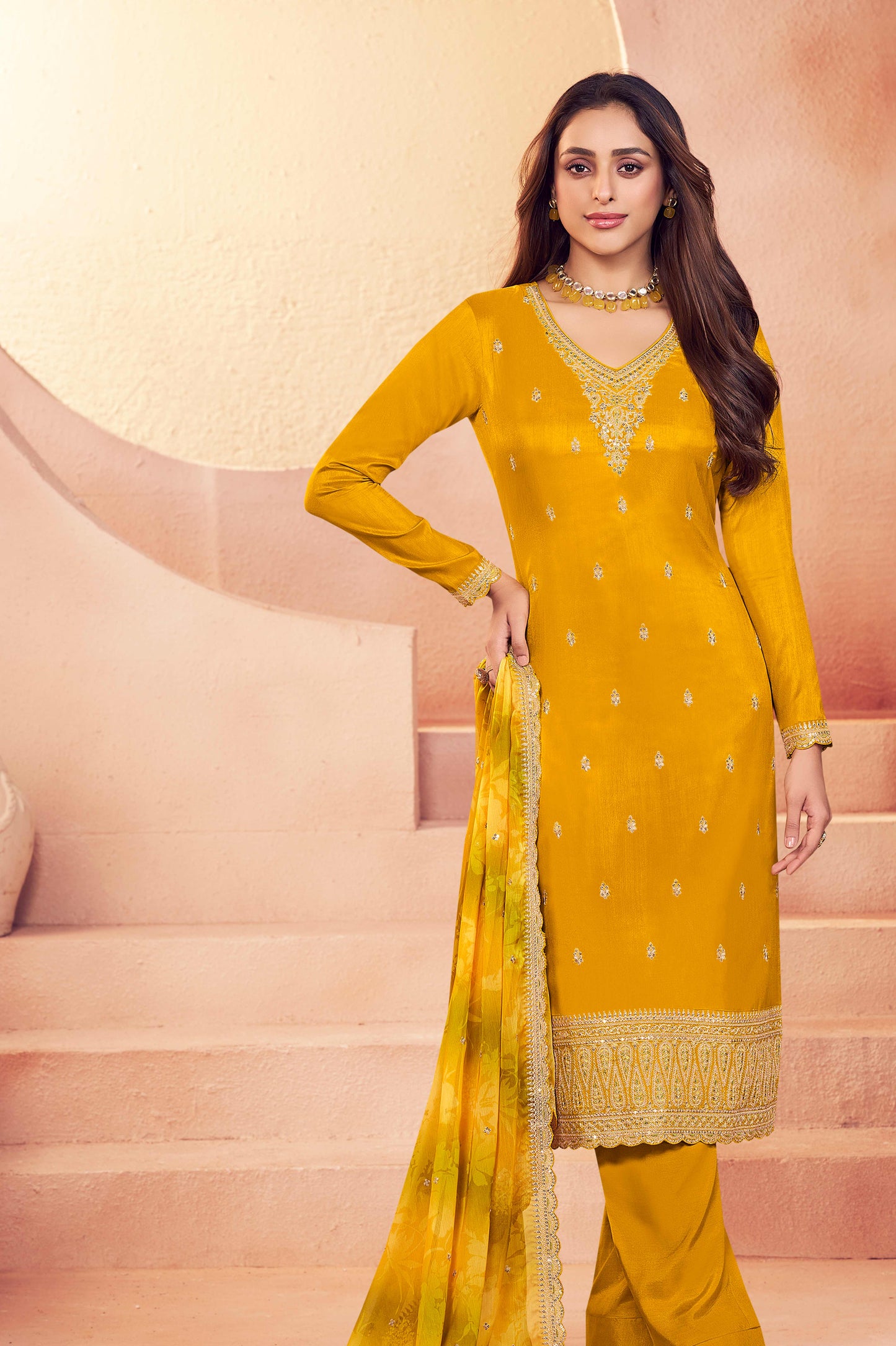 Yellow moga silk embroidery chudidhar material with chiffon dupatta