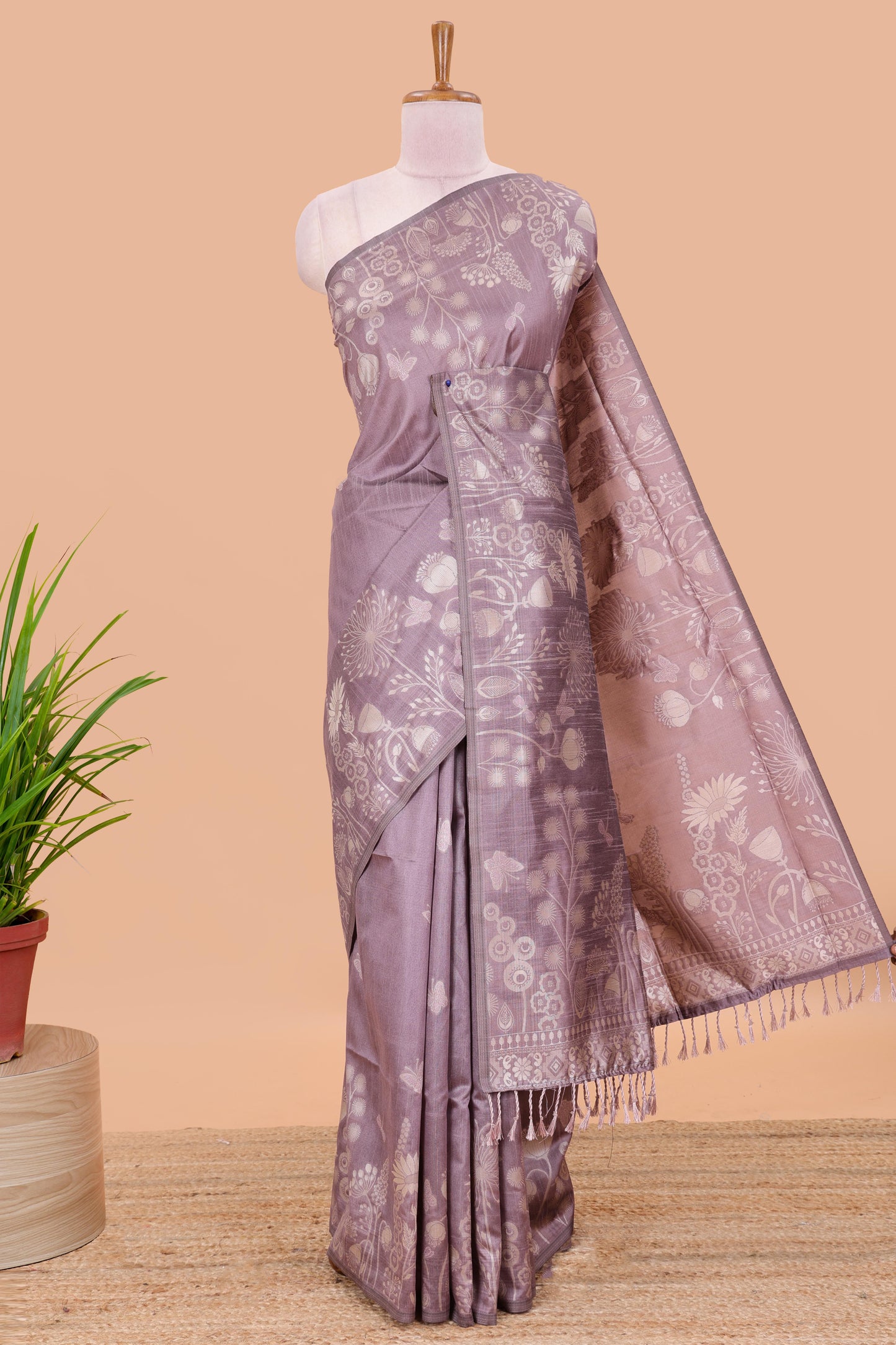 Purple munga cotton saree with all-over floral thread weaving & motif border