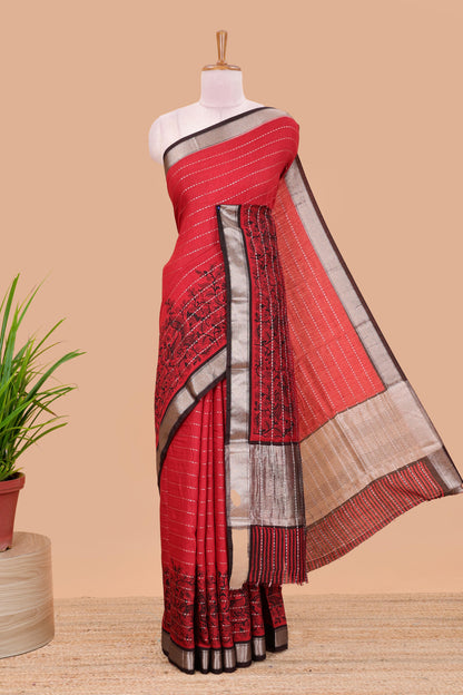 Red assam silk saree with floral printed stripes and contrast border