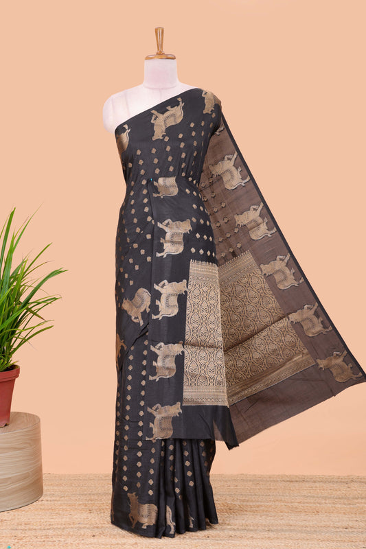 Black viscose dola silk saree with zari butta weave, pichwai motif border and contrast blouse