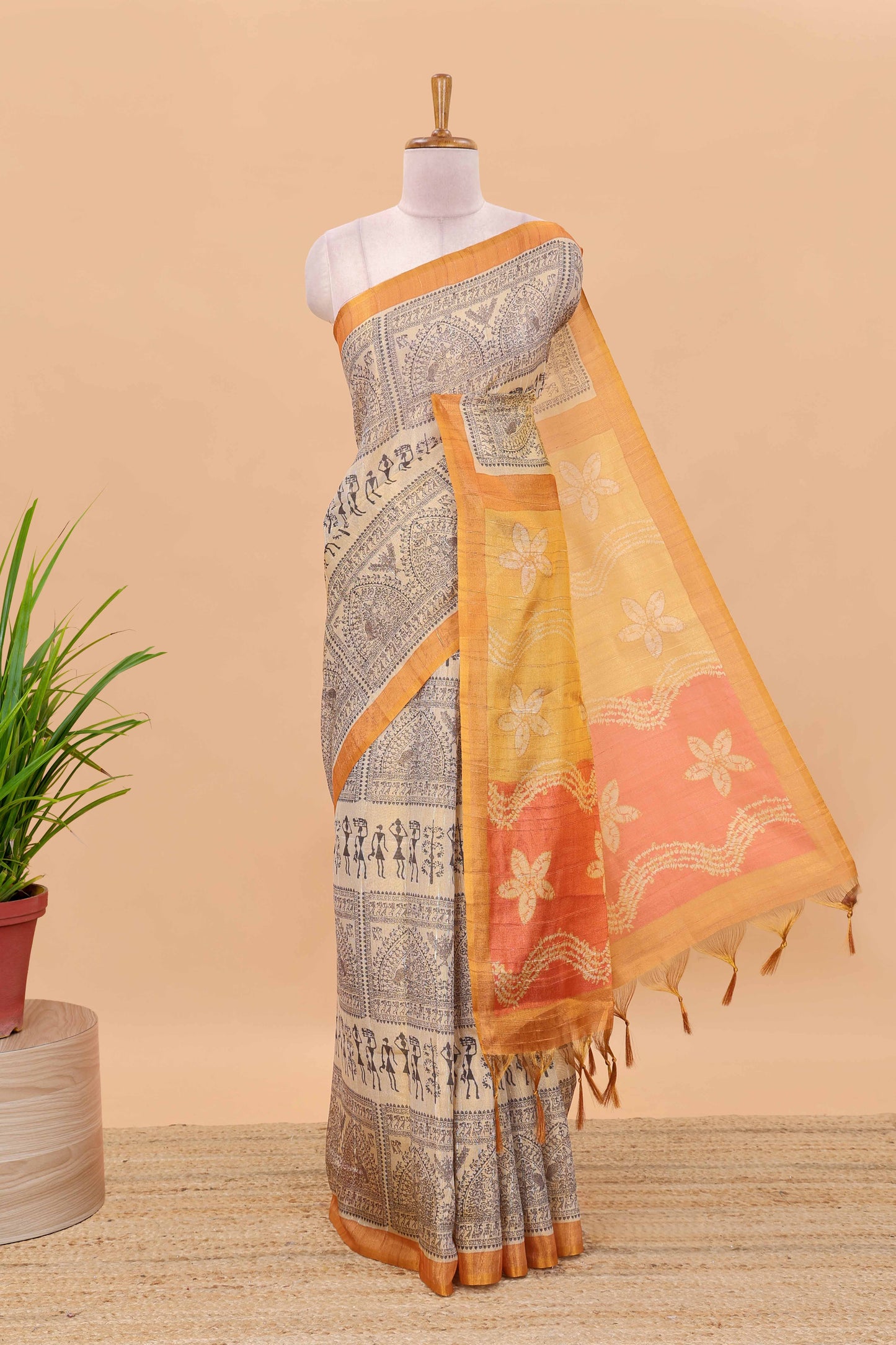 Sandal semi tussar digital batik print saree with contrast blouse and pallu