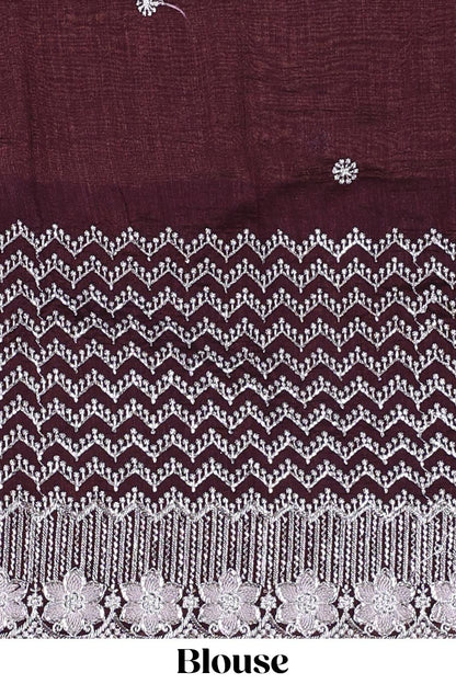 Grey designer georgette space silk saree with heavy stone & beads work, short pallu and contrast sequin embroidered blouse