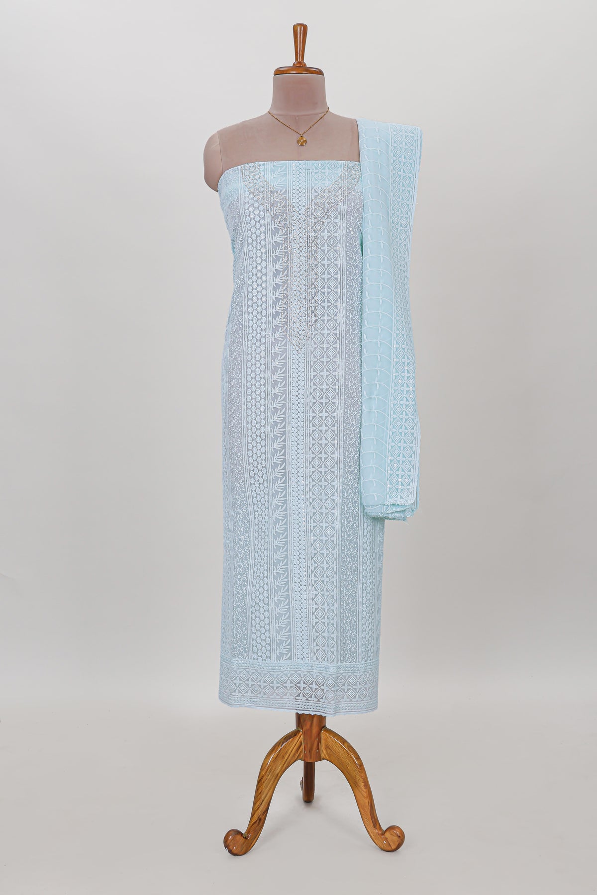 Blue embroidery chudidhar material with matching solid pant and embroidery dupatta