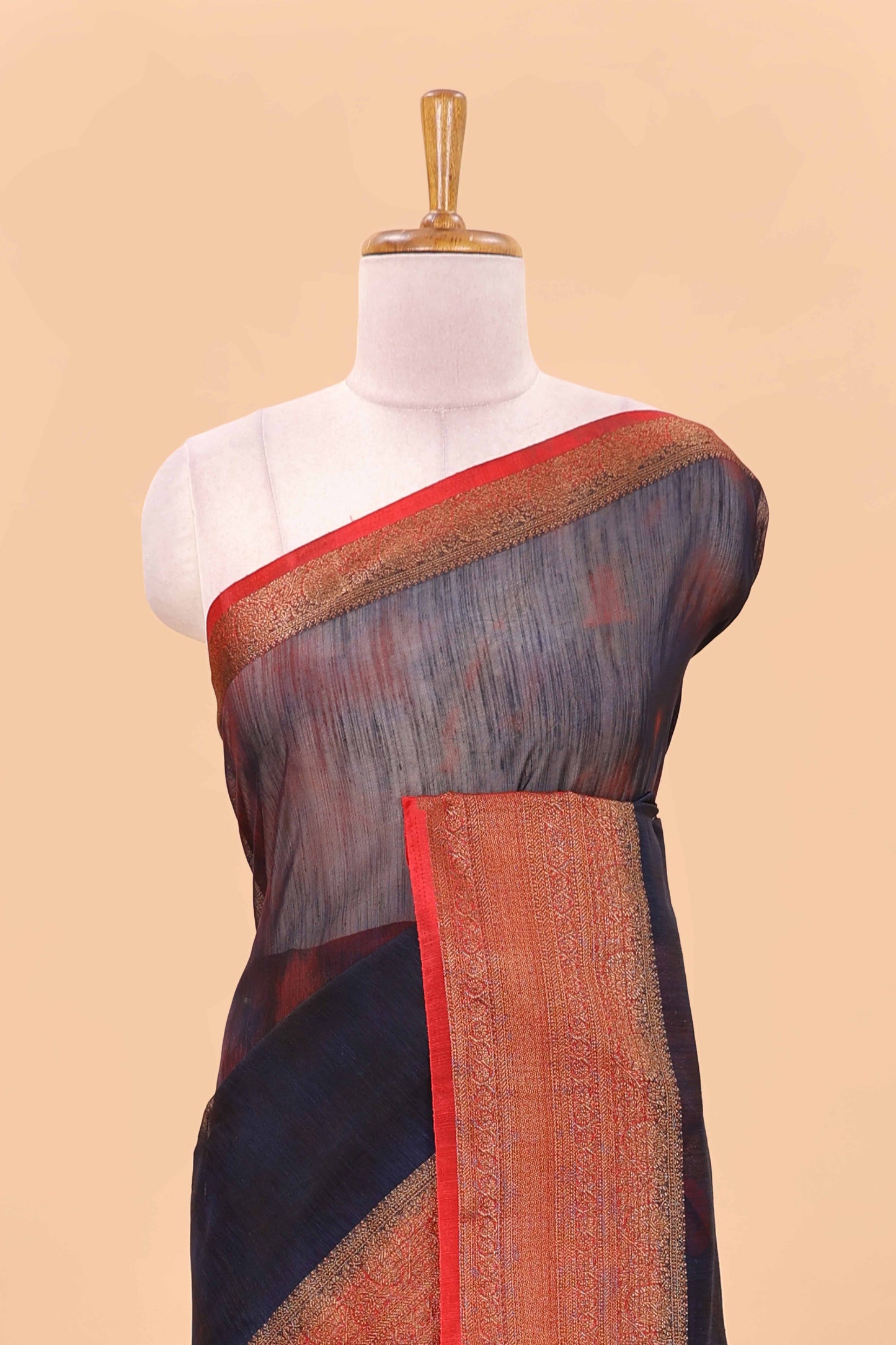 Blue jute cotton saree with contrast zari border and pallu